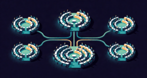 Editorial illustration: small committee rooms branching like capillaries from one grand central hall, parliamentary anatomy blueprint