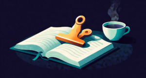 Editorial illustration: an elegant brass page-holder clip resting on an open book beside a steaming cup, quiet study evening
