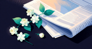 Editorial illustration: a string of fresh jasmine flowers draped beside folded newspapers on a morning desk, soft dawn light