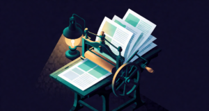 Editorial illustration: an antique printing press with freshly printed sheets fanning out like wings, a dim lamp being relit, journalism heritage