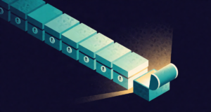 Editorial illustration: a long corridor of locked document boxes leading to one glowing open chest at the end, budget passage journey