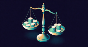 Editorial illustration: a two-pan brass balance with flowing goods and coins in one pan and investment streams in the other, external accounts metaphor