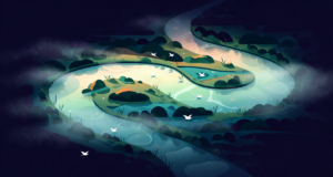 Editorial illustration: a misty oxbow lake shaped like a shining ribbon seen from above with waterbirds stitching across it, wetland aerial