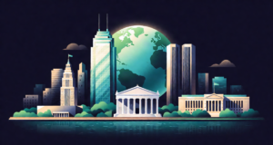 Editorial illustration: a skyline of iconic institutional headquarters silhouettes, glass tower, marble hall and riverside complex, under one glowing globe