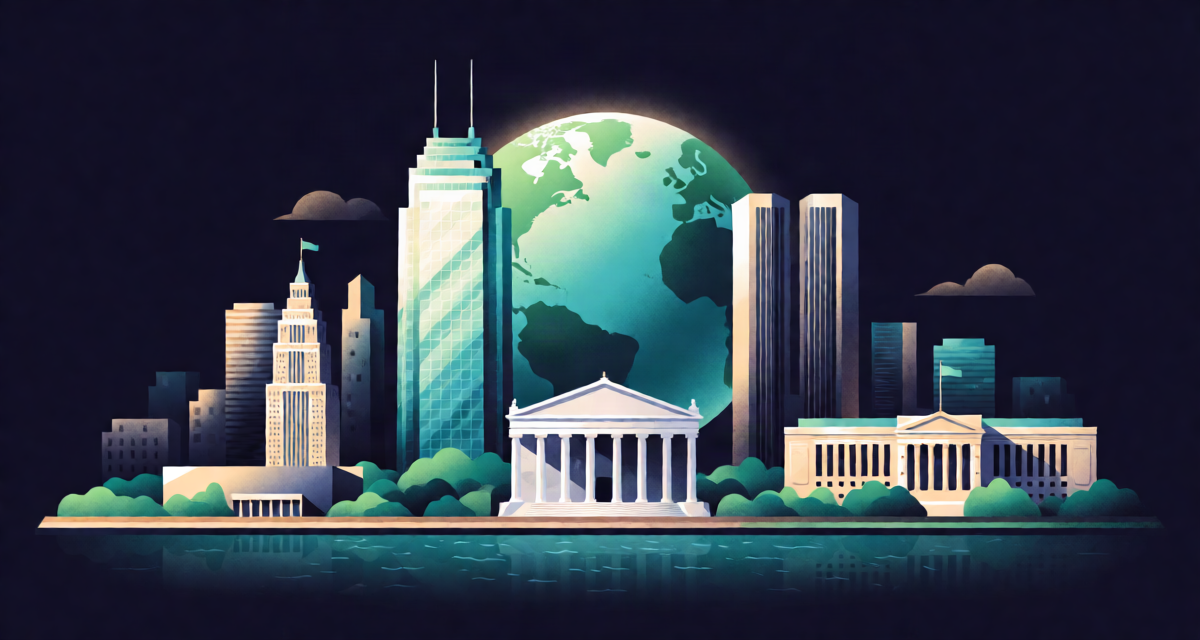 Editorial illustration: a skyline of iconic institutional headquarters silhouettes, glass tower, marble hall and riverside complex, under one glowing globe