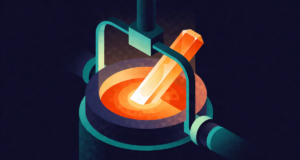Editorial illustration: a crystal seed slowly pulling a glowing silicon ingot from a molten crucible, orange heat against deep navy, industrial beauty