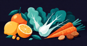 Editorial illustration: a farmers-market still life of citrus, greens, carrots and nuts each glowing a different hue against a dark backdrop, nutrition rainbow