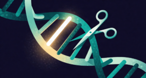 Editorial illustration: a DNA double helix with one glowing segment being precisely snipped and replaced by fine molecular scissors, biotech elegance