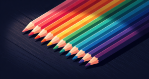 Editorial illustration: sharpened colored pencils laid out in a rainbow row on dark wood, study spectrum, soft light