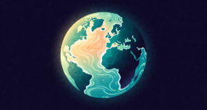 Editorial illustration: a stylised globe wrapped in glowing warm and cold ocean currents, a warm pool blooming in one ocean, atmospheric beauty