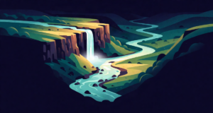 Editorial illustration: a waterfall cascading off a basalt cliff into a winding eastward river valley, Deccan landscape cross-section, golden light