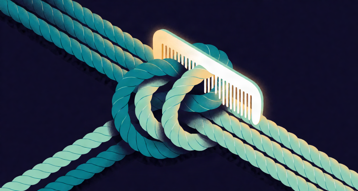 Editorial illustration: a tangled knot of ropes being combed into three neat separate strands by a glowing comb, insolvency resolution metaphor, workshop light
