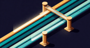 Editorial illustration: glowing payment pulses travelling along four differently colored rails between two brass pillars, fintech speed diagram