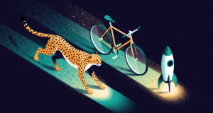 Editorial illustration: a cheetah, a bicycle and a small rocket arranged in a speed lineup on glowing lanes, playful physics comparison