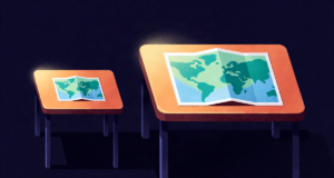 Editorial illustration: two desks of different scales side by side, one with a small map and one with a large map, balanced warm lighting, comparison still life