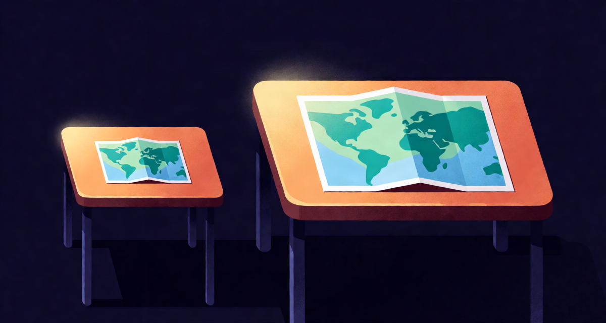 Editorial illustration: two desks of different scales side by side, one with a small map and one with a large map, balanced warm lighting, comparison still life