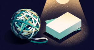 Editorial illustration: a large ball made of assorted rubber bands beside neat stacked blank cards, tactile desk composition, warm lamp