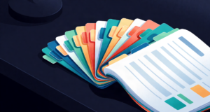 Editorial illustration: a fan of colorful index tabs spread like a peacock tail on a dark desk, study organization beauty