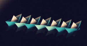 Editorial illustration: seven folded paper boats sailing in a row across calm dark water, weekly journey metaphor, soft moonlight