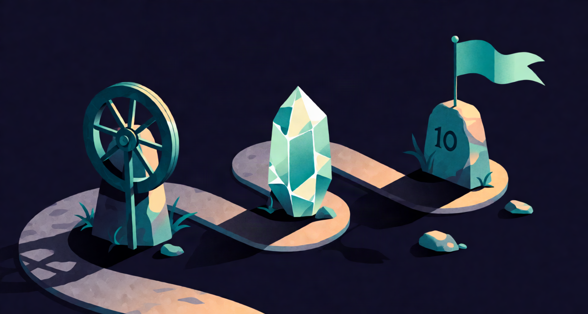 Editorial illustration: a winding path with milestone stones from a spinning wheel to a salt crystal to a waving flag, journey through history at sunset, no faces