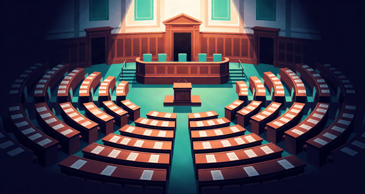 Editorial illustration: a grand circular assembly hall with rows of wooden desks, a central podium and a thick draft document on every desk, historic archival light, no faces
