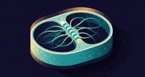 Editorial illustration: a glowing cell seen in elegant cross-section with chromosomes lining up and pulling apart into two halves, soft teal spindle fibers, deep navy biological stage, beautiful science diagram
