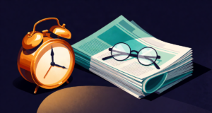 Editorial illustration: a vintage brass alarm clock without numerals beside a fresh stack of folded newspapers and a pair of round spectacles, early morning desk scene, warm amber lamp glow