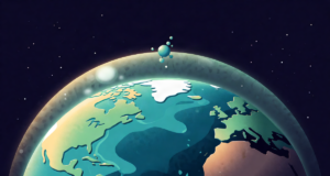 Editorial illustration: a protective glowing ozone shield arc above the Earth's curved horizon, a small industrial molecule dissolving harmlessly at its shimmering edge, hopeful planetary scene, deep space backdrop