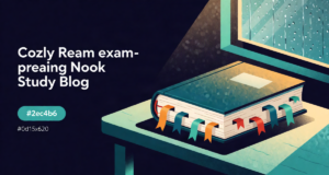 Editorial illustration: a thick bound journal with seven colorful ribbon bookmarks draped over its edges, resting on a reading table beside a rain-flecked window, cozy reading nook light