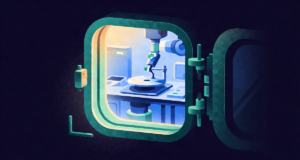 Editorial illustration: a pristine semiconductor fabrication room seen through a glowing airlock window, a robotic wafer arm moving a shining disc, blue clean-room light, futuristic precision