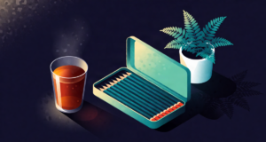 Editorial illustration: a steaming glass of tea beside an open tin of pencils and a small potted fern, warm study corner at dusk