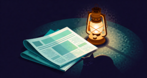Editorial illustration: a glowing brass lantern casting warm light over folded newspapers and a sleeping cat silhouette, peaceful evening desk