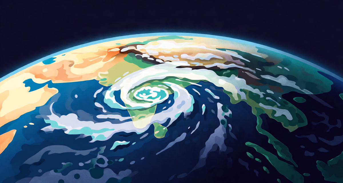 Editorial illustration: a vast swirling storm system over the Indian subcontinent seen from space, a bright cloud band across the tropics, deep blue ocean