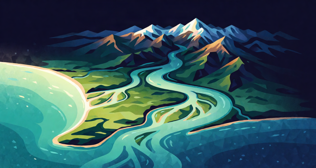 Editorial illustration: three great rivers flowing from a mountain range across a green peninsula to the sea with fanning deltas, aerial landscape view