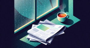 Editorial illustration: folded newspapers on a windowsill with monsoon rain streaking the glass outside, a steaming cup of tea inside, cozy contrast