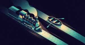 Editorial illustration: a vintage steam train and a small rowboat racing along parallel glowing paths with speed lines, playful physics illustration