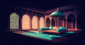 Editorial illustration: a Mughal palace courtyard with carved jali screens, silk cushions around a low diwan and a royal parasol, warm evening glow