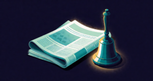 Editorial illustration: a classic brass hand-bell beside folded newspapers, deep navy and teal palette, soft glowing rim light