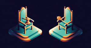 Editorial illustration: two ornate ceremonial chairs on elevated platforms facing each other, one holding a gavel and one a golden mace, parliament hall