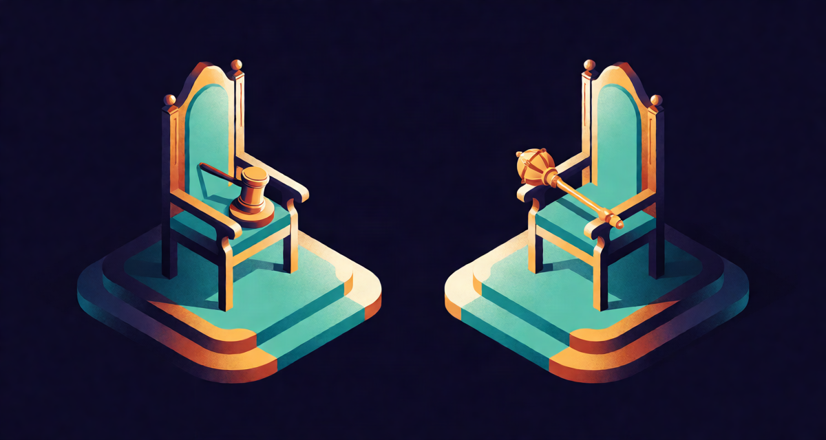 Editorial illustration: two ornate ceremonial chairs on elevated platforms facing each other, one holding a gavel and one a golden mace, parliament hall