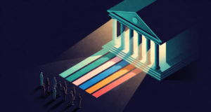 Editorial illustration: five differently colored ribbons of light streaming protectively from a courthouse colonnade toward a small waiting crowd of silhouettes