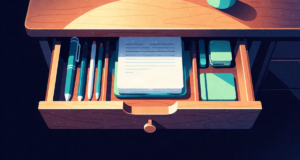 Editorial illustration: an open wooden desk drawer neatly organized with study supplies, pens and blank cards, warm interior light, top-down view
