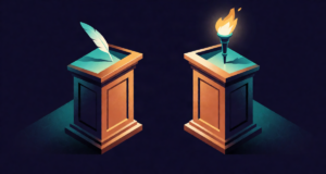 Editorial illustration: two wooden debate podiums facing each other across an empty hall, one bearing a quill and one a burning torch, split lighting