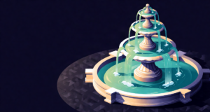 Editorial illustration: a grand three-tier marble fountain with water flowing between levels, three streams uniting in one basin, monumental plaza