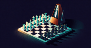 Editorial illustration: a chessboard corner with a metronome ticking, dramatic single-source lighting, strategy mood