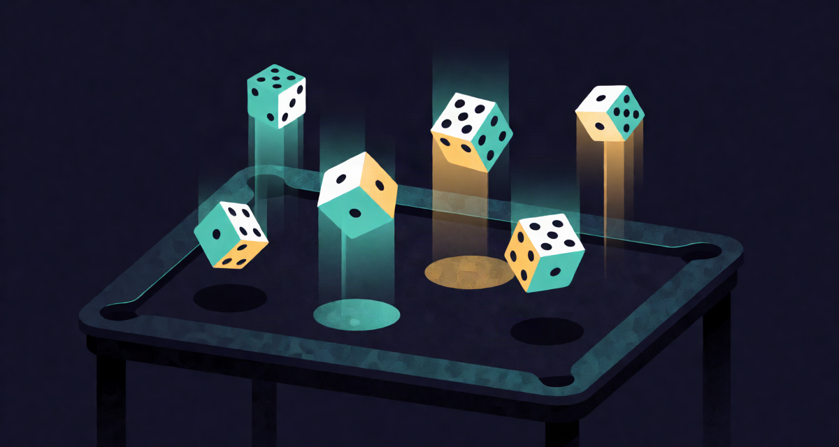 Editorial illustration: glowing dice floating in mid-air over a dark felt table, teal and gold light trails, chance and preparation