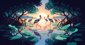 Editorial illustration: a flock of painted storks wading through a tranquil mangrove at sunset, lotus pads on mirror-calm water, warm reflections