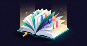 Editorial illustration: a thick open book with twelve differently colored glowing bookmarks fanned out between two pillars of light, repository mood