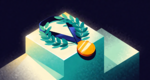 Editorial illustration: a laurel wreath and gold medal resting on glowing podium steps, dramatic side light, quiet triumph