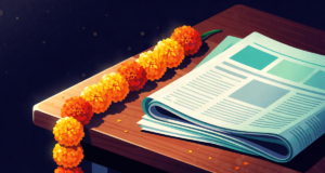 Editorial illustration: a string of fresh marigold flowers beside folded newspapers on a wooden desk, warm Indian morning light, festive calm
